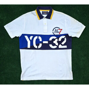 American Living YC-32 Mens White Blue Red Yellow SS Cotton Polo Shirt Size Large